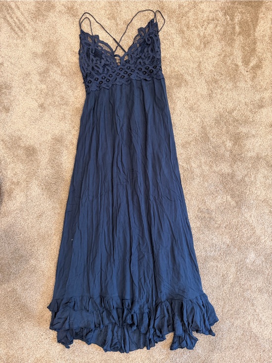 Free People Dresses & Skirts - Free People Navy Crochet Lace Open Back Maxi Slip Dress Medium Boho
